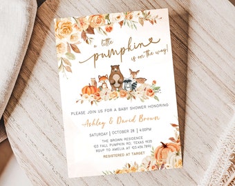 Editable Fall Woodland Baby Shower Invitation, Woodland Floral Pumpkin Baby Shower Invite, Gender Neutral Fall Baby Shower Invitation, 0483
