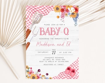 Bewerkbare roze BBQ-baby shower uitnodiging Baby Q douche uitnodigen achtertuin barbecue picknick paren douche uitnodiging afdrukbare sjabloon 0302