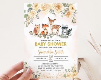 Editable Fall Woodland Baby Shower Invitation, Fall Floral Baby Shower Invite, Gender Neutral Woodland Animals Invitation Template 0351