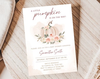 Invitación editable de baby shower de calabaza rosa rubor, invitación de baby shower de otoño boho invitación de calabaza floral para niña, plantilla de invitación de otoño 0433