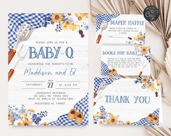 Editable Blue BBQ Baby Shower Invitation Set Baby-Q Shower Invite Pack Boy Backyard Barbeque Picnic Couples Shower Printable Template 0304