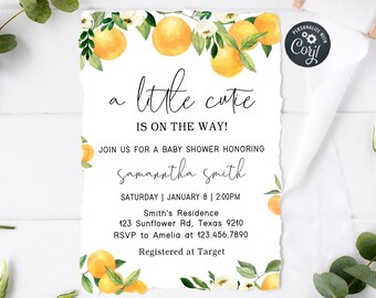 A Little Cutie is on the Way Clementine Orange Baby Shower Invitation, Editable Gender Neutral Baby Shower Invites, Printable Template 0172