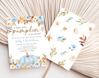 Editable Blue Floral Pumpkin Baby Shower Invitation, Boy Fall Baby Shower Invite, Autumn A Little Pumpkin Baby Shower Invite Template  0472
