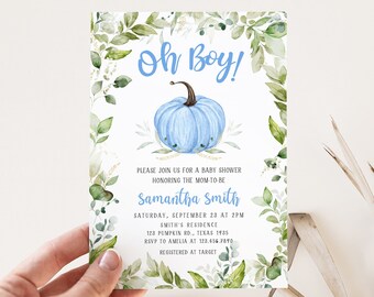 May include: Baby shower invitation with a blue pumpkin illustration and the text "Oh Boy!". The invitation is framed with green foliage and includes details for the event, such as the date, time, and location.