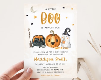 編集可能な「A Little Boo」ベビーシャワー招待状、ゴーストハロウィンベビーシャワー招待状、性別を問わないハロウィンベビーシャワー招待状テンプレート、0484