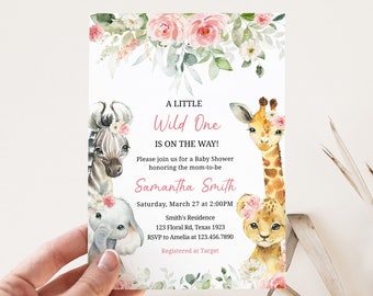 Bewerkbare Wild One Girl Safari Baby Shower Uitnodiging, Floral Jungle Baby Shower Uitnodigen, Groen Jungle Safari Dieren nodigt sjabloon 0383