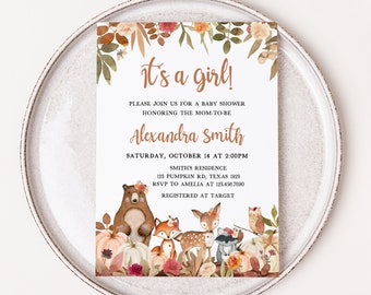 Editable Fall Woodland Baby Shower Invitation, Woodland Floral Pumpkin Baby Shower Invite, Girl Autumn Fall Baby Shower Invite Template 0431