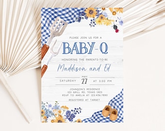 Edytowalny niebieski grill Baby Shower zaproszenie Baby-Q Shower zaproszenie dla chłopca na podwórku grill piknik zaproszenie na przyjęcie dla par szablon do wydrukowania 0304