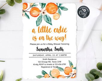 Editable A Little Cutie is on way Baby Shower Invitation, Clementine Orange Gender Neutral Baby Shower Invite, Printable Template 0171