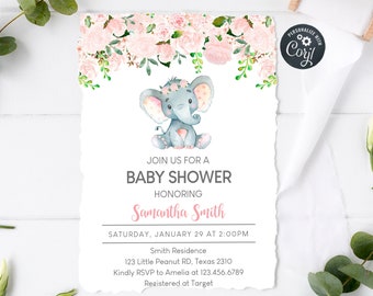 Puede incluir: Una invitación a una baby shower con un borde floral rosa y un lindo elefante de dibujos animados con una corona de flores rosa. El texto dice "Join us for a Baby Shower Honoring Samantha Smith, Saturday, January 29 at 2:00PM, Smith Residence, 123 Little Peanut RD, Texas 2310, Kindly RSVP to Amelia at 123.456.6789, Registered at Target."