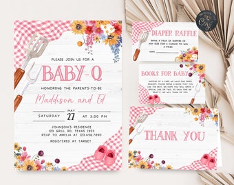 Editable Pink BBQ Baby Shower Invitation Set Baby Q Shower Invite Pack Girl Backyard Barbeque Picnic Couples Shower Printable Template 0302