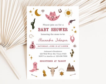 Editable Cowgirl Baby Shower Invitation, Girl Western Baby Shower Invite, Pink Desert Baby Shower Country Theme Invitation Template 0313
