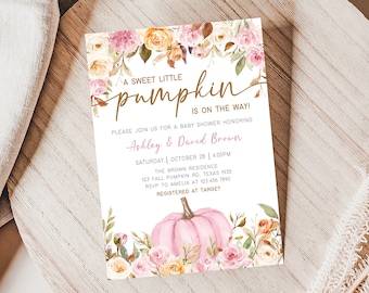 May include: A baby shower invitation with a watercolor design. The invitation features the text "A Sweet Little Pumpkin is on the Way!" in gold script, along with event details and a pink pumpkin illustration.