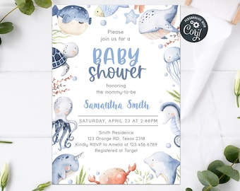 Editable Under the Sea Baby Shower Invitation, Ocean Baby Shower Invite, Nautical Baby Shower Theme, Ocean Template, Gender Neutral 0176