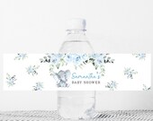 Editable Boy Elephant Baby Shower Bottle Label, Blue Elephant Water Bottle Labels, Blue Floral Water Labels Printable Template 0173