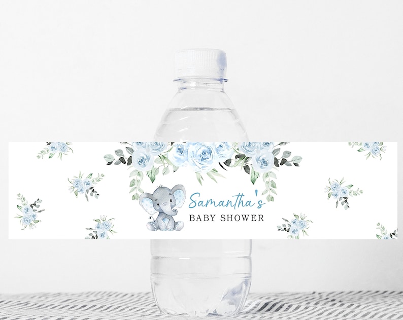 Editable Boy Elephant Baby Shower Bottle Label Blue Elephant Water Bottle Labels Blue Floral Water Labels Printable Template