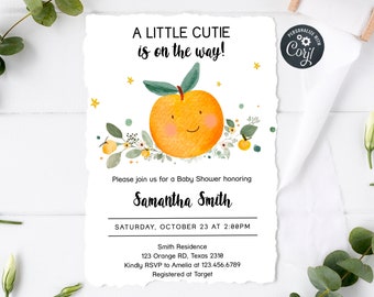 May include: A baby shower invitation with a cute orange illustration. The invitation says "A Little Cutie is on the way!" and includes the date and time of the shower, the name of the guest of honor, Samantha Smith, and the location. It also includes the RSVP information and the registry location.