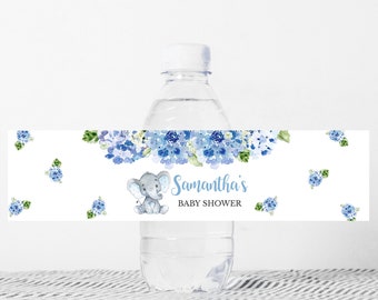 Editable Elephant Baby Shower Bottle Label, Blue Elephant Water Bottle Label, Blue Floral Baby Shower Drinks Label, Elephant Boy Baby 0174