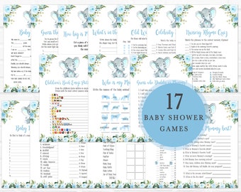 Elephant Baby Shower Game Bundle, Boy Baby Shower Activity, Blue Floral Little Peanut Shower Game Pack Printable Baby Games Template 0159