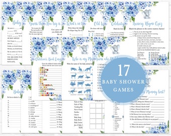 Elephant Baby Shower Game Bundle, Blue Elephant Boy Baby Shower Games Package, Blue Floral Baby Shower Games Pack, Instant Download 0174