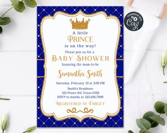 Bewerkbare koninklijke baby shower uitnodiging kleine prins baby shower uitnodiging koninklijke prins uitnodiging marine en gouden kroon baby jongen sjabloon 28