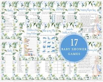 Peter Rabbit Baby Shower Games Printable, Blue Peter Rabbit Baby Shower Games Bundle, Boy Rustic Greenery Bunny Baby Shower Game Pack 0175