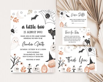 Editable Halloween Baby Shower Invitation Bundle, Gender Neutral A Little Boo Baby Shower Invite Set, Spooky Fall Baby Shower Invite 0434