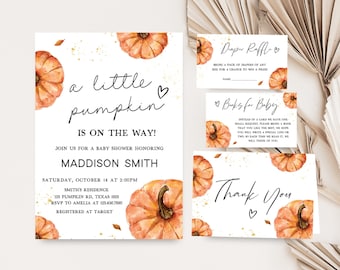 May include: A set of baby shower invitations and cards with a pumpkin theme. The main invitation reads "a little pumpkin is on the way!" with details for the event. Additional cards include "Diaper Raffle," "Books for Baby," and "Thank You."