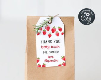 Editable Party Strawberry Favor Tags, Strawberries Thank you Tags, Printable Gift Tag, Strawberry Baby Shower Tags, 1st Birthday Tags 0134
