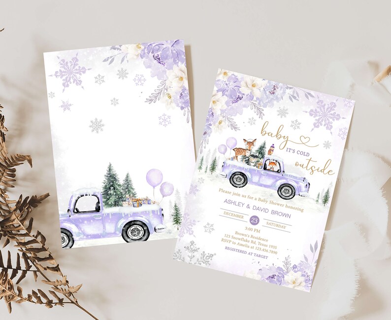 Editable Purple Winter Woodland Baby Shower Invitation, Girl Woodland Winter Baby Shower Invite, Girl Baby It's Cold Outside Invite, 0534 image 2