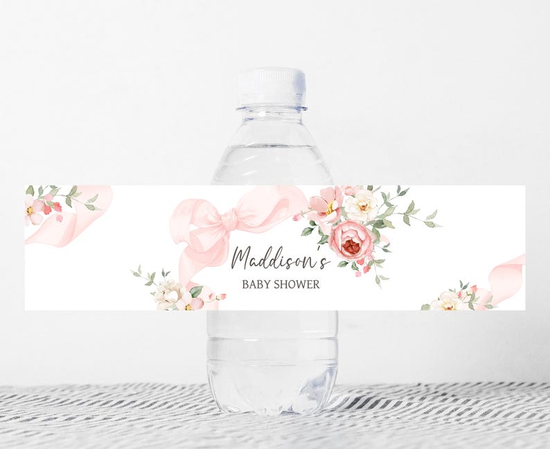 Pink Bow Baby Shower Bottle Labels