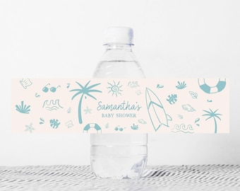 Editable Blue Baby on Board Baby Shower Bottle Label, Boy Beach Summer Baby Shower Water Label, Beach Surfing Water Bottle Stickers, 01050