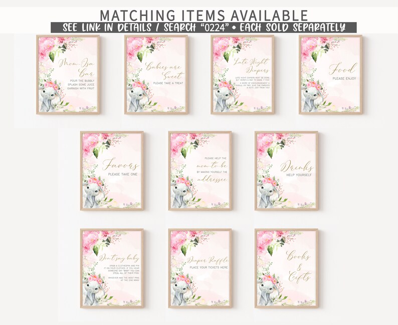 May include: Ten printable signs with floral and bunny illustrations for a baby shower. The signs include titles like "Mom-Isa Bar", "Babies are Sweet", "Late Night Diapers", "Food", "Favors", "Drinks", "Don't Say Baby", "Diaper Raffle", and "Books & Gifts".