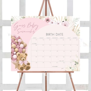 Bearbeitbarer Rosa wir können Bärenwart-Babyparty-Fälligkeitsdatum-Kalender, Mädchen-Bär-Babypartykalender, Pampas-Grasbär-Geburtstagsvorhersage 0416