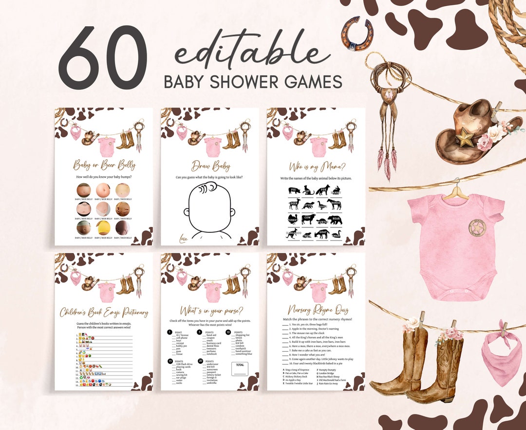 Editable Little Cowgirl Baby Shower Games Bundle, Girl Baby Clothes