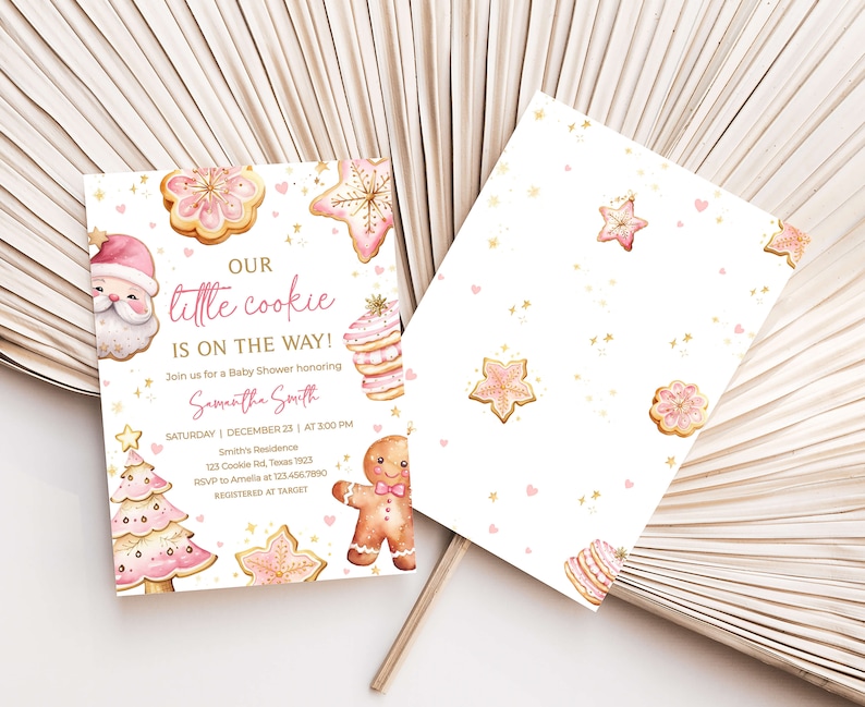Editable Girl Christmas Cookie Baby Shower Invitation, Pink Gingerbread Baby Shower Invite, Pink A Little Cookie Baby Shower Invite, 0574 image 2