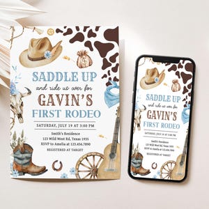 Editable First Rodeo Birthday Invitation, Wild West Birthday Party Invite, Cowboy Birthday Invite, Boy Southwestern Birthday Evite, 59BD
