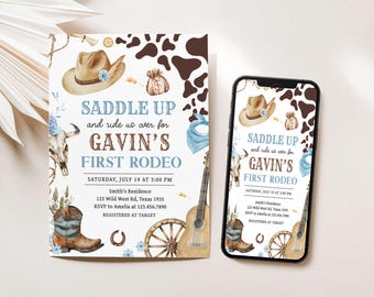 Editable First Rodeo Birthday Invitation, Wild West Birthday Party Invite, Cowboy Birthday Invite, Boy Southwestern Birthday Evite, 59BD