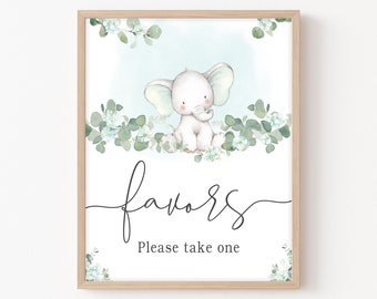 Blue Elephant Baby Shower Favors Sign, Boy Baby Shower Sign, Blue Floral Elephant Favors Table Sign, Eucalyptus Printable Template 0166