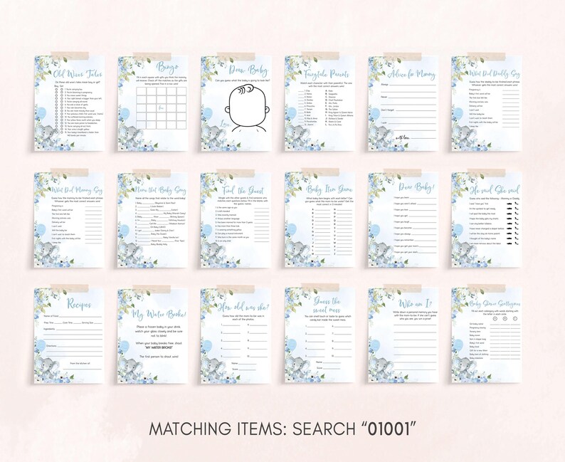 Blue Elephant Baby Shower Games Pack