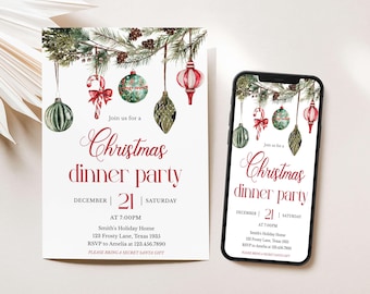 May include: A Christmas dinner party invitation with watercolor illustrations. The design features hanging ornaments, pine branches, and the text "Christmas dinner party" in a festive font. The date and time are also included.