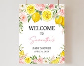 Editable Pink Floral Lemon Baby Shower Welcome Sign, Girl Lemonade Baby Shower Welcome Poster, Summer Lemon Citrus Baby Shower Sign, 0718