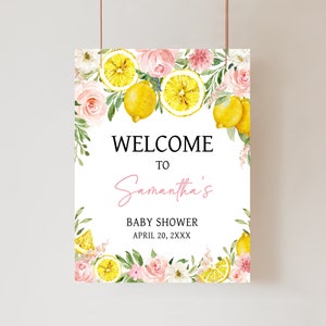 Bearbeitbares Rosa Blumen Zitronen-Babyparty-Willkommensschild, Mädchen-Limonaden-Babyparty-Willkommensplakat, Sommer-Zitronen-Zitrus-Babypartyschild, 0718
