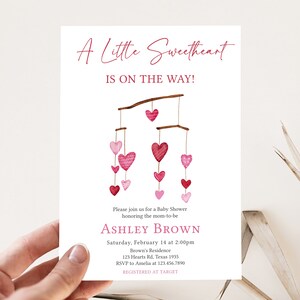 Editable Valentine Baby Shower Invitation, Pink Red Heart Baby Shower Invite, Girl A Little Sweetheart Baby Shower Invite Template, 0595 image 1