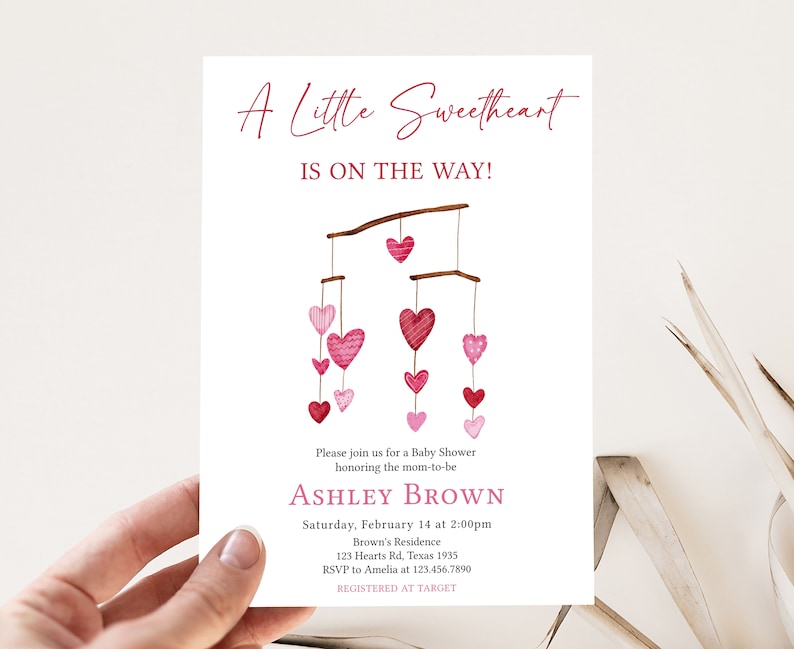 Editable Valentine Baby Shower Invitation, Pink Red Heart Baby Shower Invite, Girl A Little Sweetheart Baby Shower Invite Template, 0595 image 1