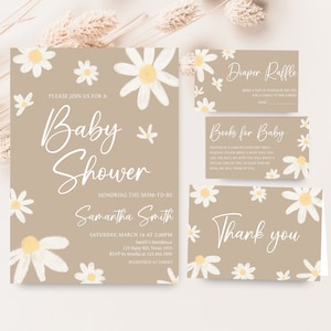 Bewerkbare Daisy babyshower uitnodigingsbundel, Daisy Flower Boho babyshower uitnodigingsset, Groovy Daisy retro babyshower, lentebloemen, 0634