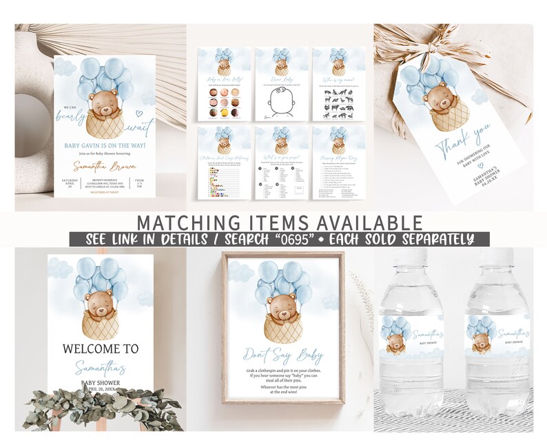 Editable Bear Hot Air Balloon Baby Shower Games Bundle, We Can Bearly Wait Baby Shower Game Pack, Boy Boho Bear Baby Shower Games, 0695 image 2