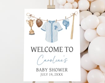 Panneau de bienvenue modifiable pour baby shower de baseball, Poster de bienvenue pour baby shower, Un petit cogneur est sur le chemin, Shower de bébé vêtements de baseball, 01062