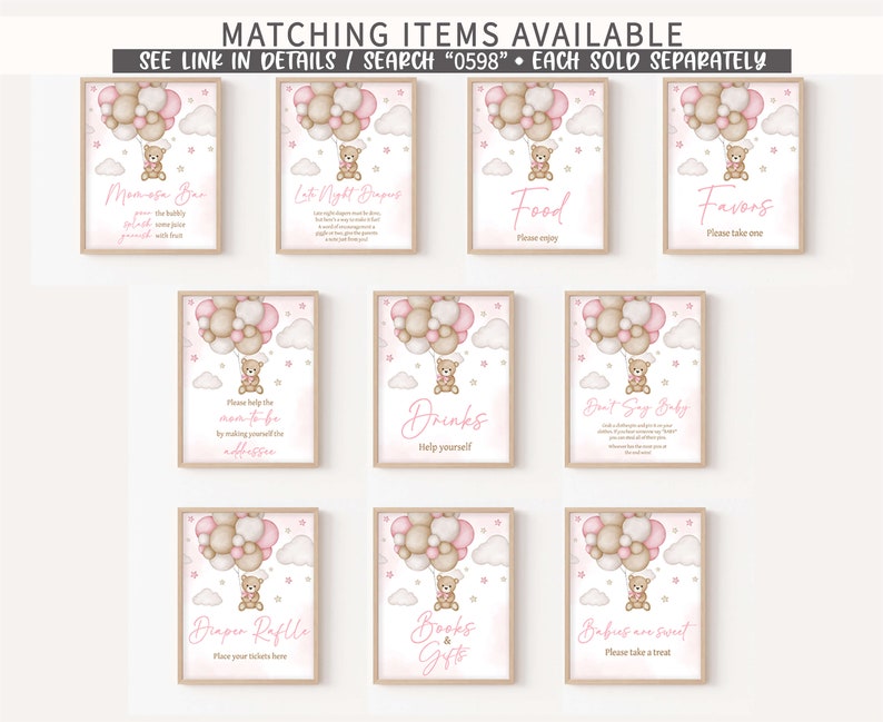 May include: Set of 9 printable baby shower signs featuring a pink and brown teddy bear holding balloons. The signs include "Mimosas Bar", "Late Night Diapers", "Food", "Favors", "Please Help the Mom-to-Be", "Drinks", "Don't Say Baby", "Diaper Raffle", "Books & Gifts", and "Babies are Sweet".
