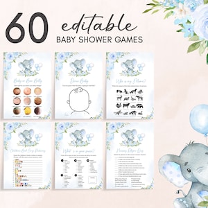 Bearbeitbarer blauer Elefant-Babyparty-Spiele-Bundle, Junge-Elefant-Ballon-Babyparty-Spiel-Pack, Blauer-Ballon-Junge-Babyparty-Spiele-Set, 0617